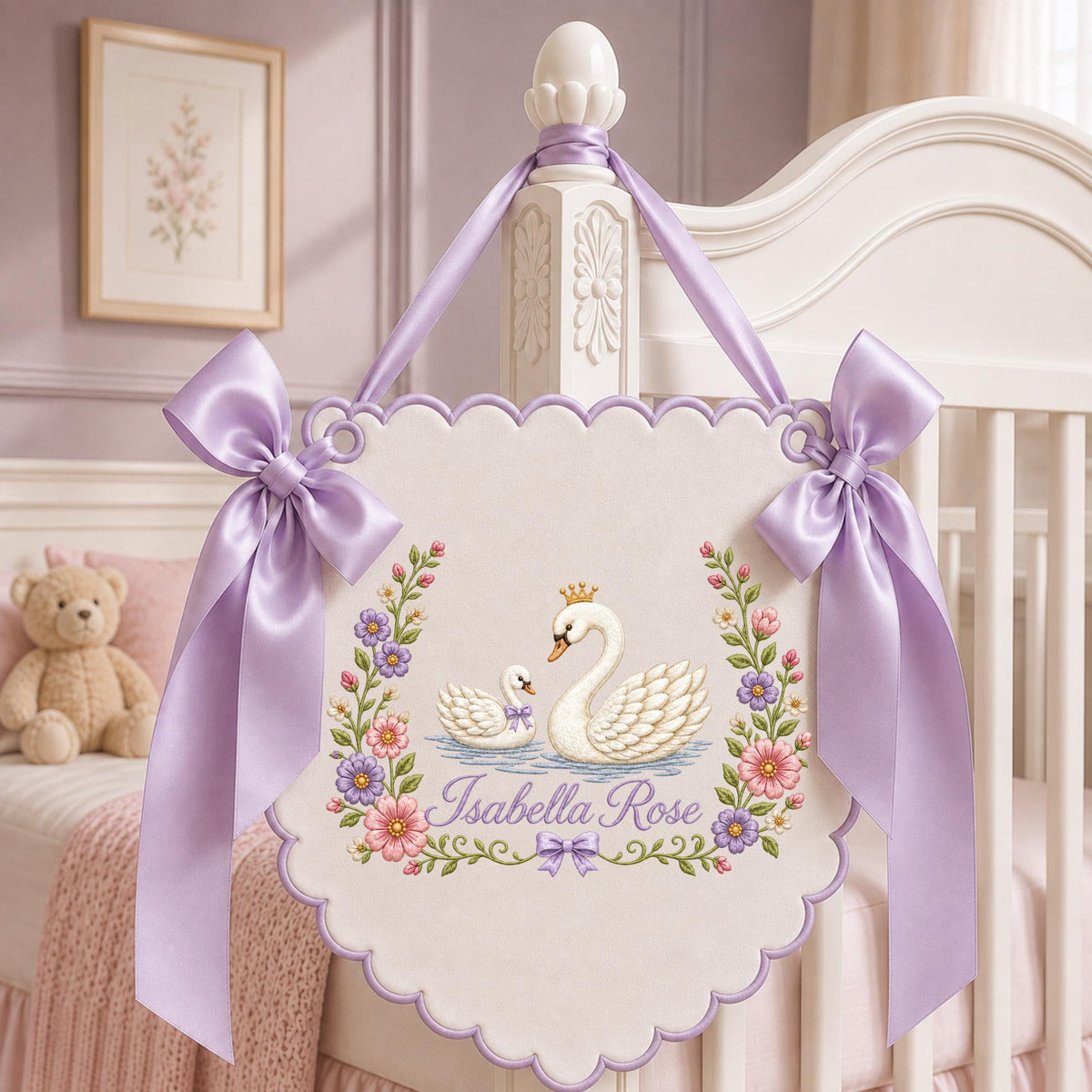 Personalized Embroidered Swan Baby Name Banner, Floral Nursery Wall Hanging, Custom Baby Girl Name Sign, Princess Swan Nursery