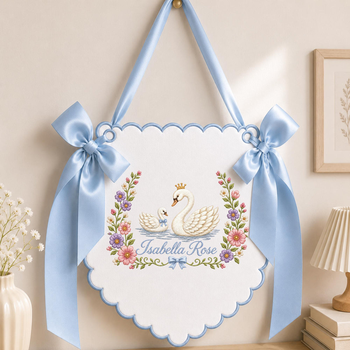 Personalized Embroidered Swan Baby Name Banner, Floral Nursery Wall Hanging, Custom Baby Girl Name Sign, Princess Swan Nursery
