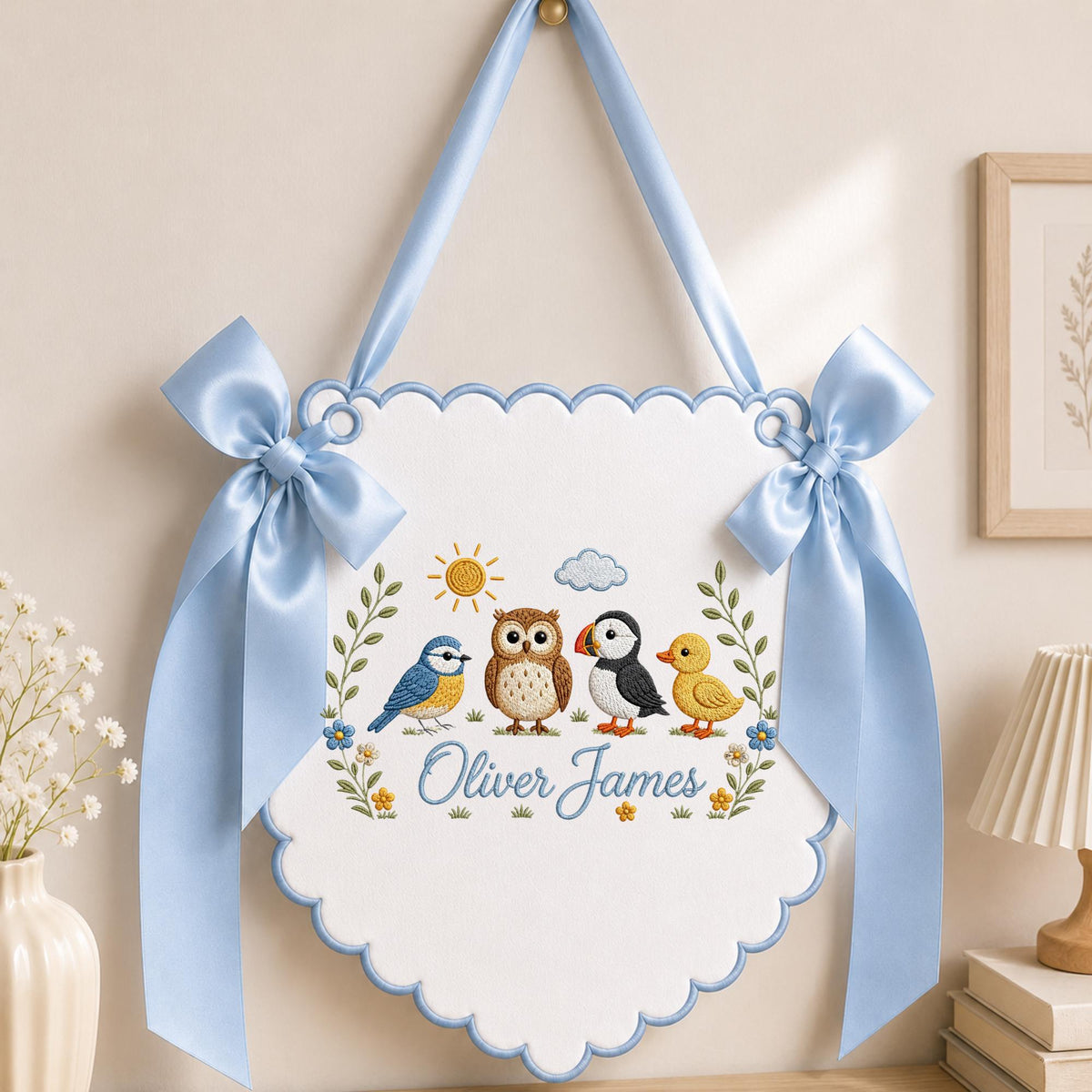 Personalized Embroidered Baby Name Banner, Woodland Bird Nursery Wall Hanging, Custom Bird Name Sign, Baby Boy Nursery Decor, Newborn Gift