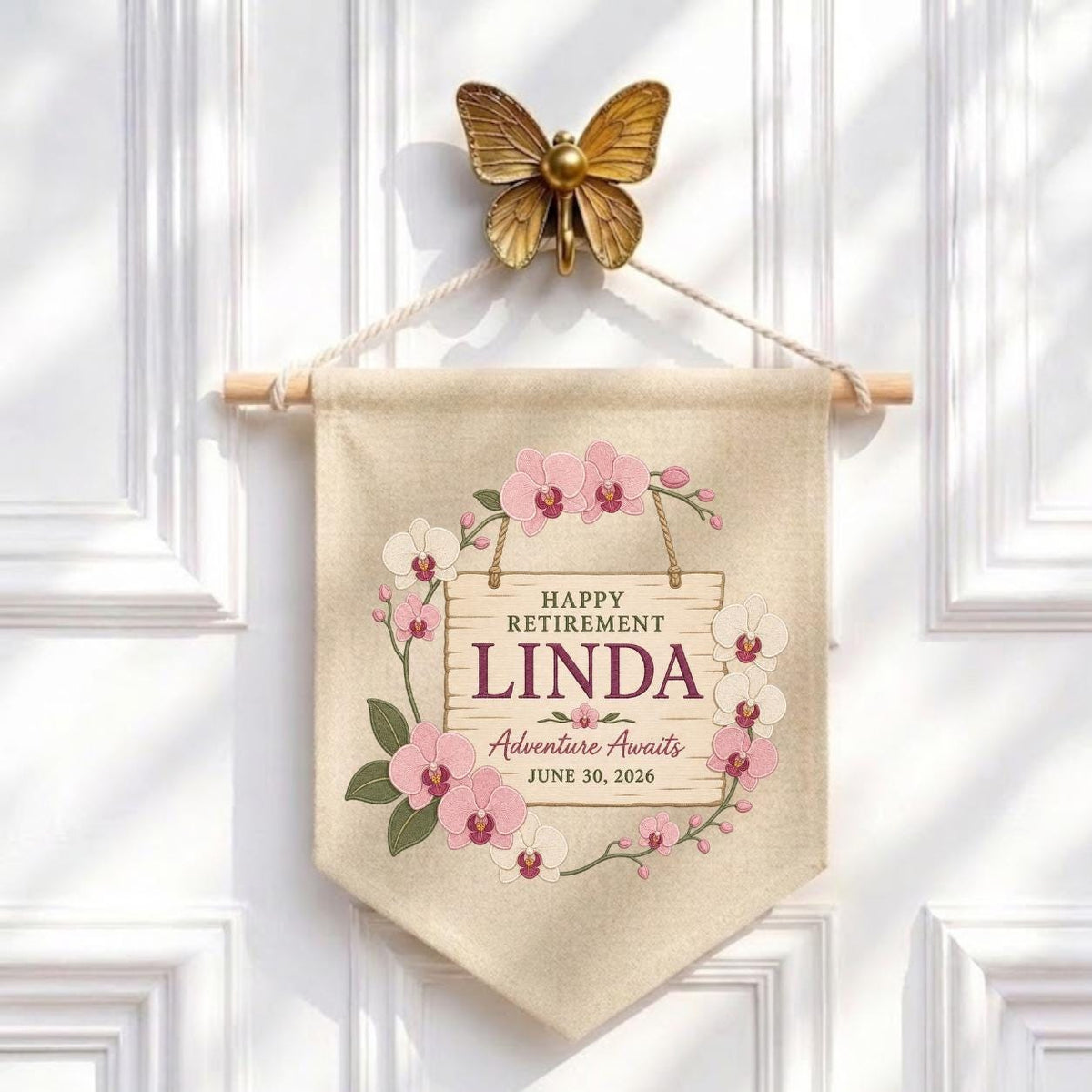 Personalized Retirement Banner, Linda Happy Retirement Wall Hanging, Floral Adventure Awaits Decor, Custom Retirement Keepsake Gift