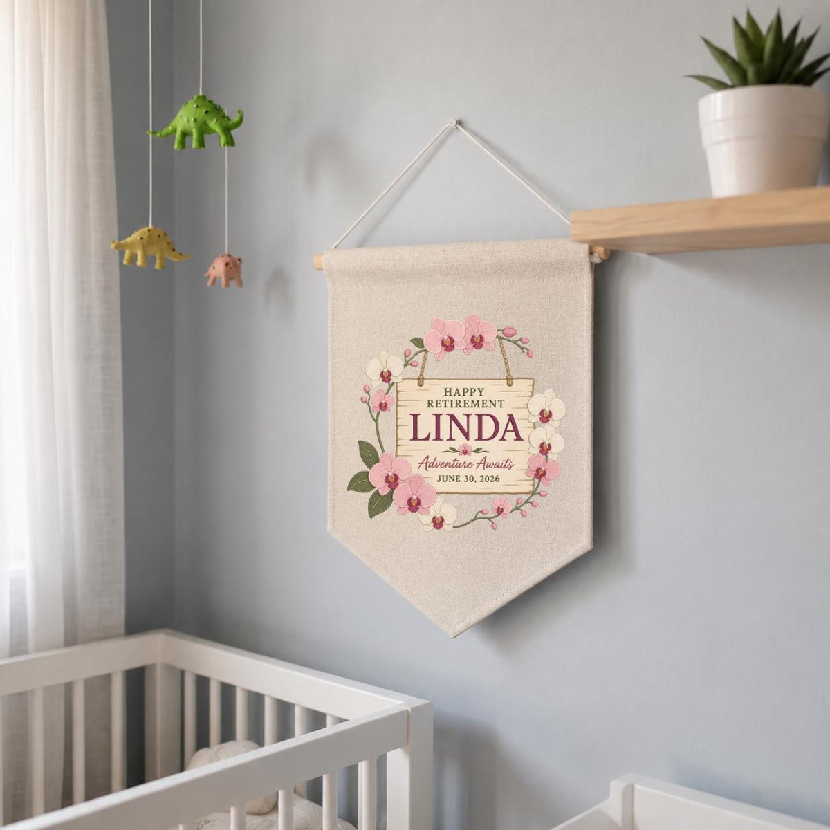 Personalized Retirement Banner, Linda Happy Retirement Wall Hanging, Floral Adventure Awaits Decor, Custom Retirement Keepsake Gift