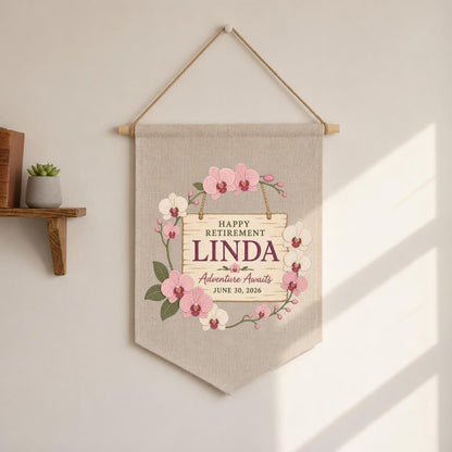 Personalized Retirement Banner, Linda Happy Retirement Wall Hanging, Floral Adventure Awaits Decor, Custom Retirement Keepsake Gift