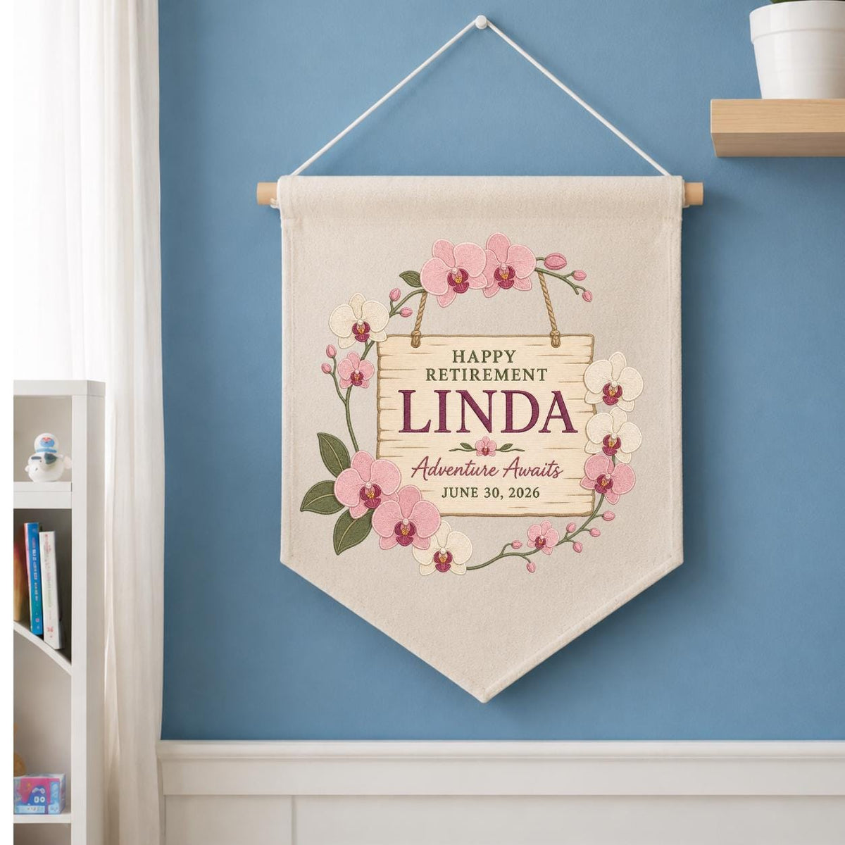 Personalized Retirement Banner, Linda Happy Retirement Wall Hanging, Floral Adventure Awaits Decor, Custom Retirement Keepsake Gift