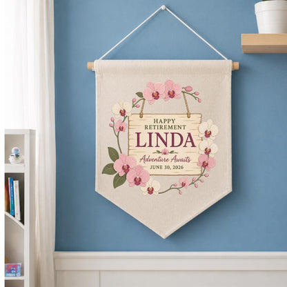 Personalized Retirement Banner, Linda Happy Retirement Wall Hanging, Floral Adventure Awaits Decor, Custom Retirement Keepsake Gift