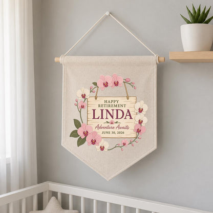 Personalized Retirement Banner, Linda Happy Retirement Wall Hanging, Floral Adventure Awaits Decor, Custom Retirement Keepsake Gift