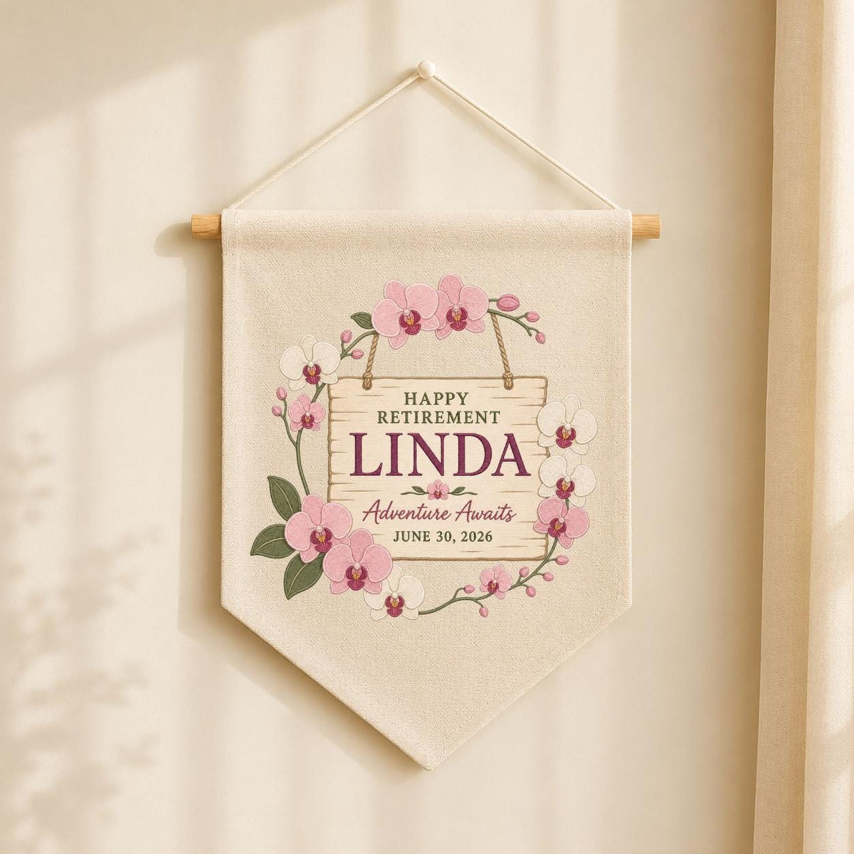Personalized Retirement Banner, Linda Happy Retirement Wall Hanging, Floral Adventure Awaits Decor, Custom Retirement Keepsake Gift