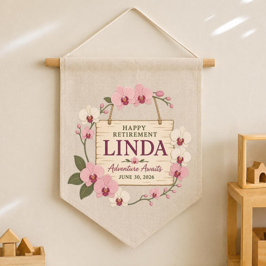 Personalized Retirement Banner, Linda Happy Retirement Wall Hanging, Floral Adventure Awaits Decor, Custom Retirement Keepsake Gift
