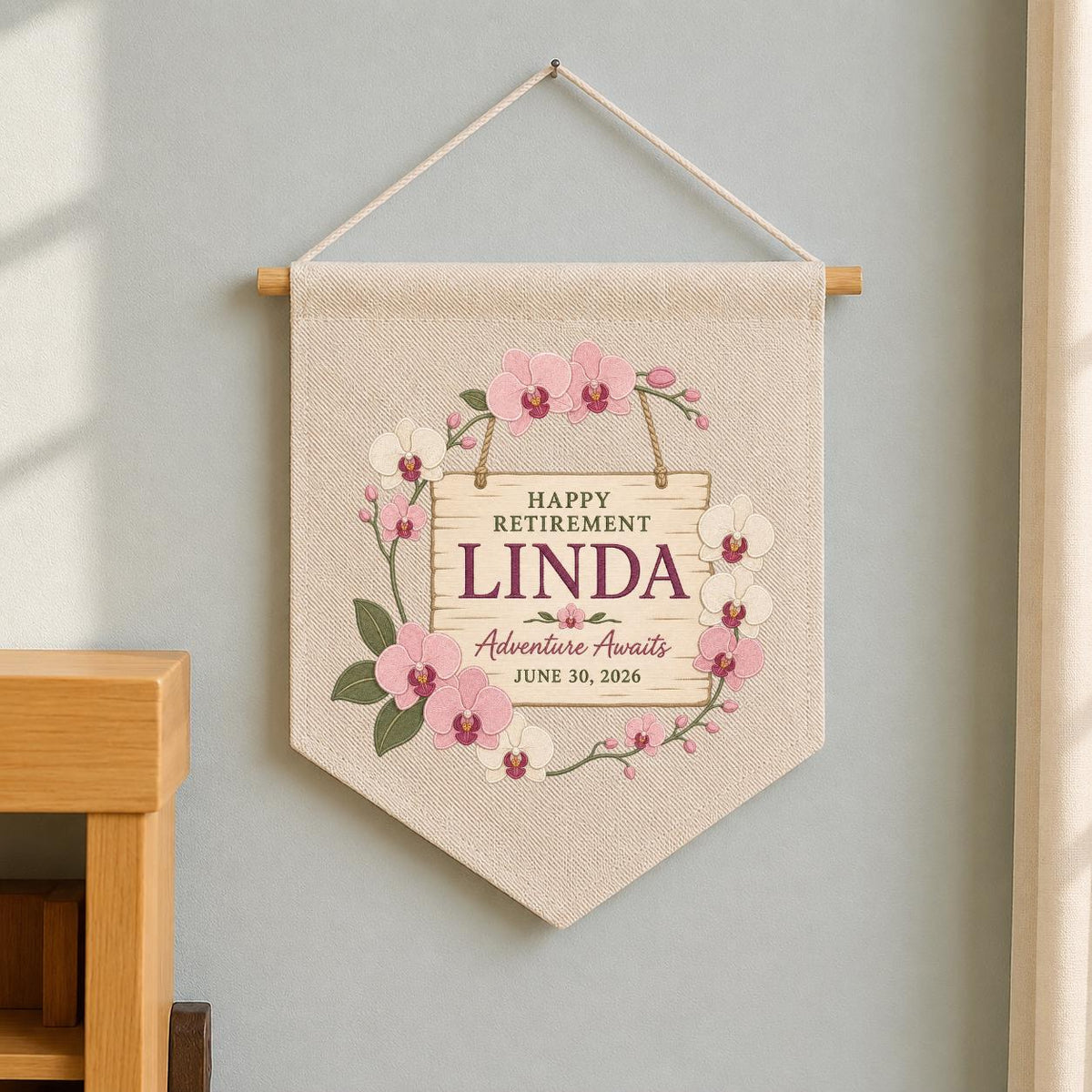 Personalized Retirement Banner, Linda Happy Retirement Wall Hanging, Floral Adventure Awaits Decor, Custom Retirement Keepsake Gift