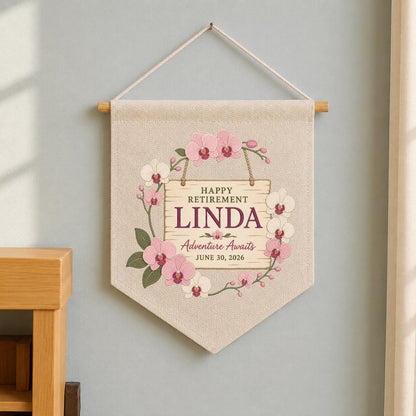 Personalized Retirement Banner, Linda Happy Retirement Wall Hanging, Floral Adventure Awaits Decor, Custom Retirement Keepsake Gift