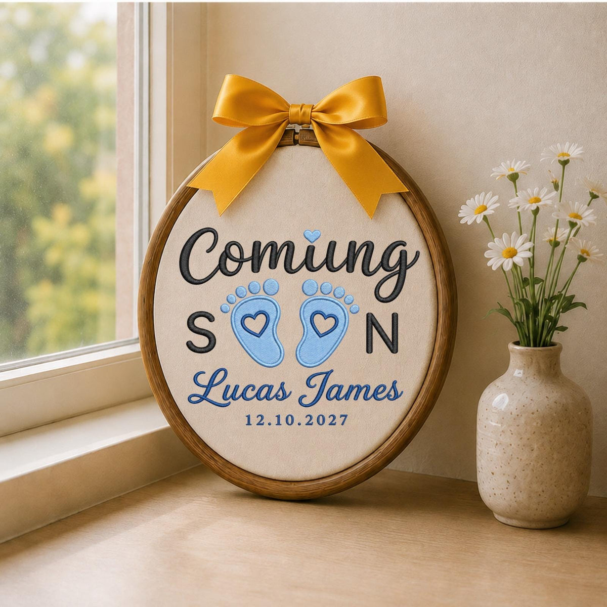 Personalized Pregnancy Announcement Embroidered Ornament, Coming Soon Baby Boy Keepsake, Custom Baby Name Reveal, Expecting Parents Gift