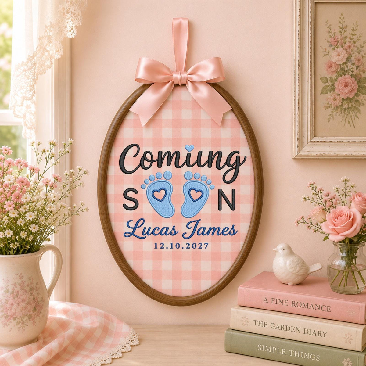 Personalized Pregnancy Announcement Embroidered Ornament, Coming Soon Baby Boy Keepsake, Custom Baby Name Reveal, Expecting Parents Gift