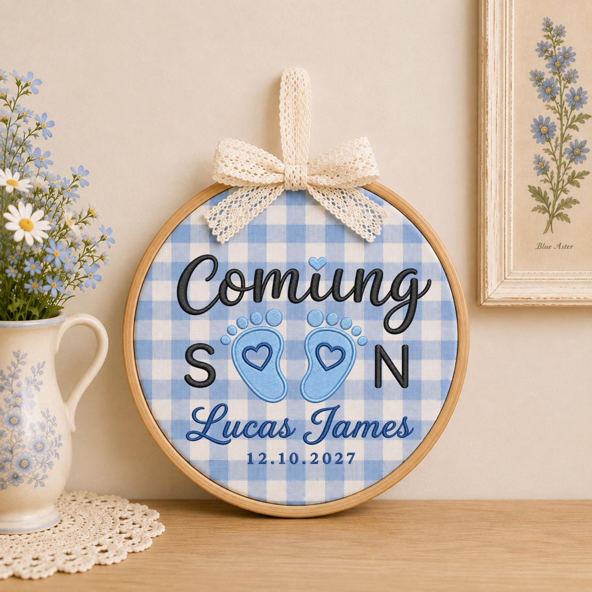 Personalized Pregnancy Announcement Embroidered Ornament, Coming Soon Baby Boy Keepsake, Custom Baby Name Reveal, Expecting Parents Gift