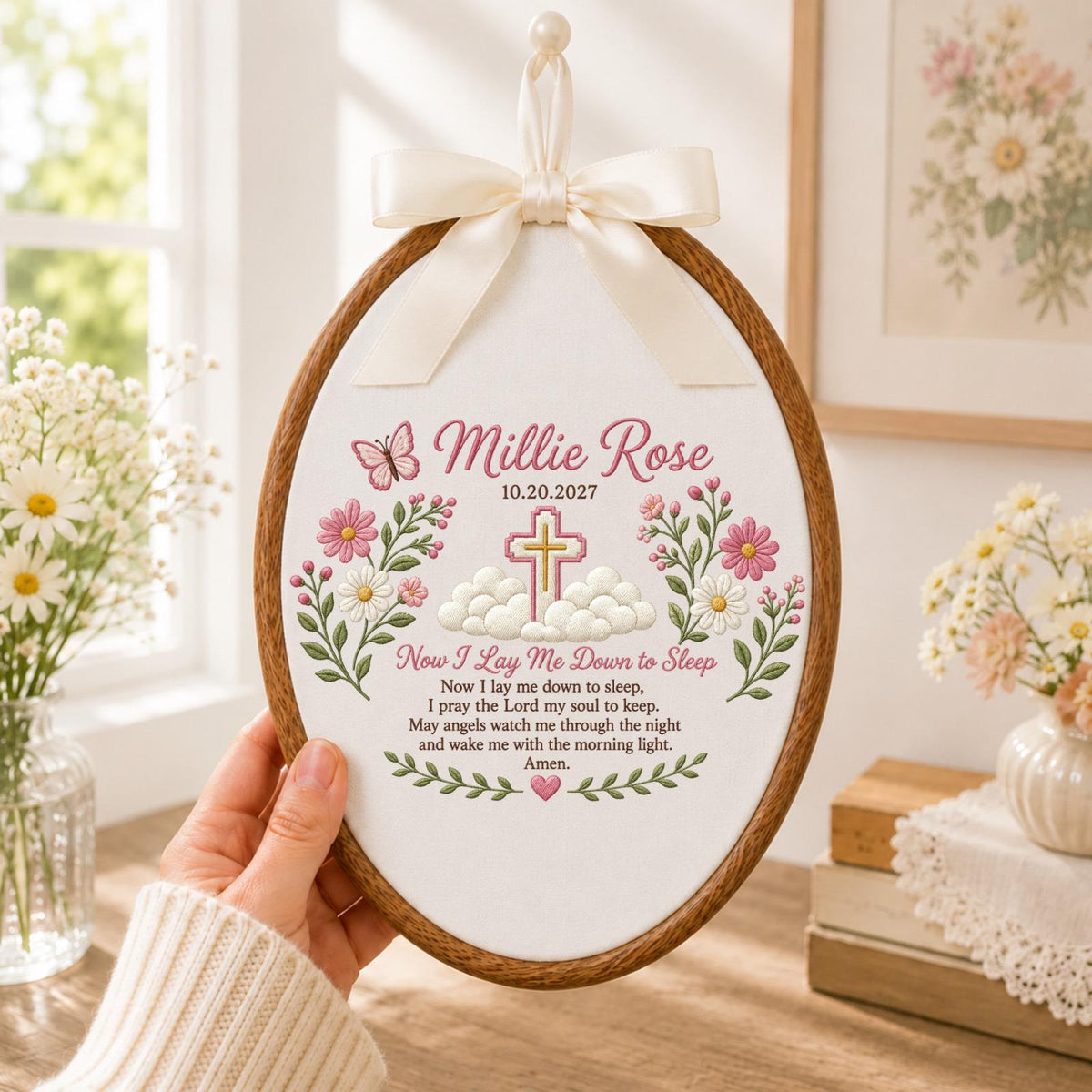 Personalized Baby Prayer Embroidered Ornament, Now I Lay Me Down to Sleep, Custom Christian Baby Name, Baptism Gift, Nursery Keepsake