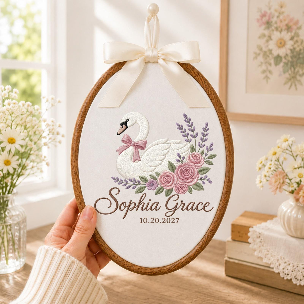 Personalized Swan Baby Embroidered Ornament, Custom Baby Girl Name Hoop, Floral Swan Nursery Decor, Newborn Keepsake, Baby Shower Gift