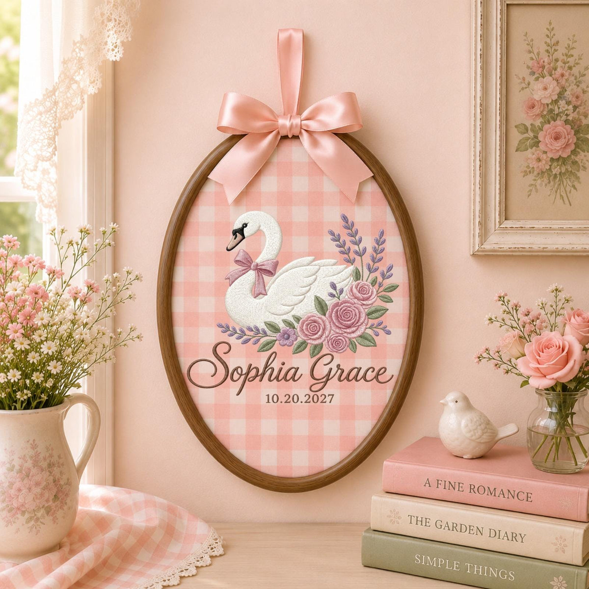 Personalized Swan Baby Embroidered Ornament, Custom Baby Girl Name Hoop, Floral Swan Nursery Decor, Newborn Keepsake, Baby Shower Gift