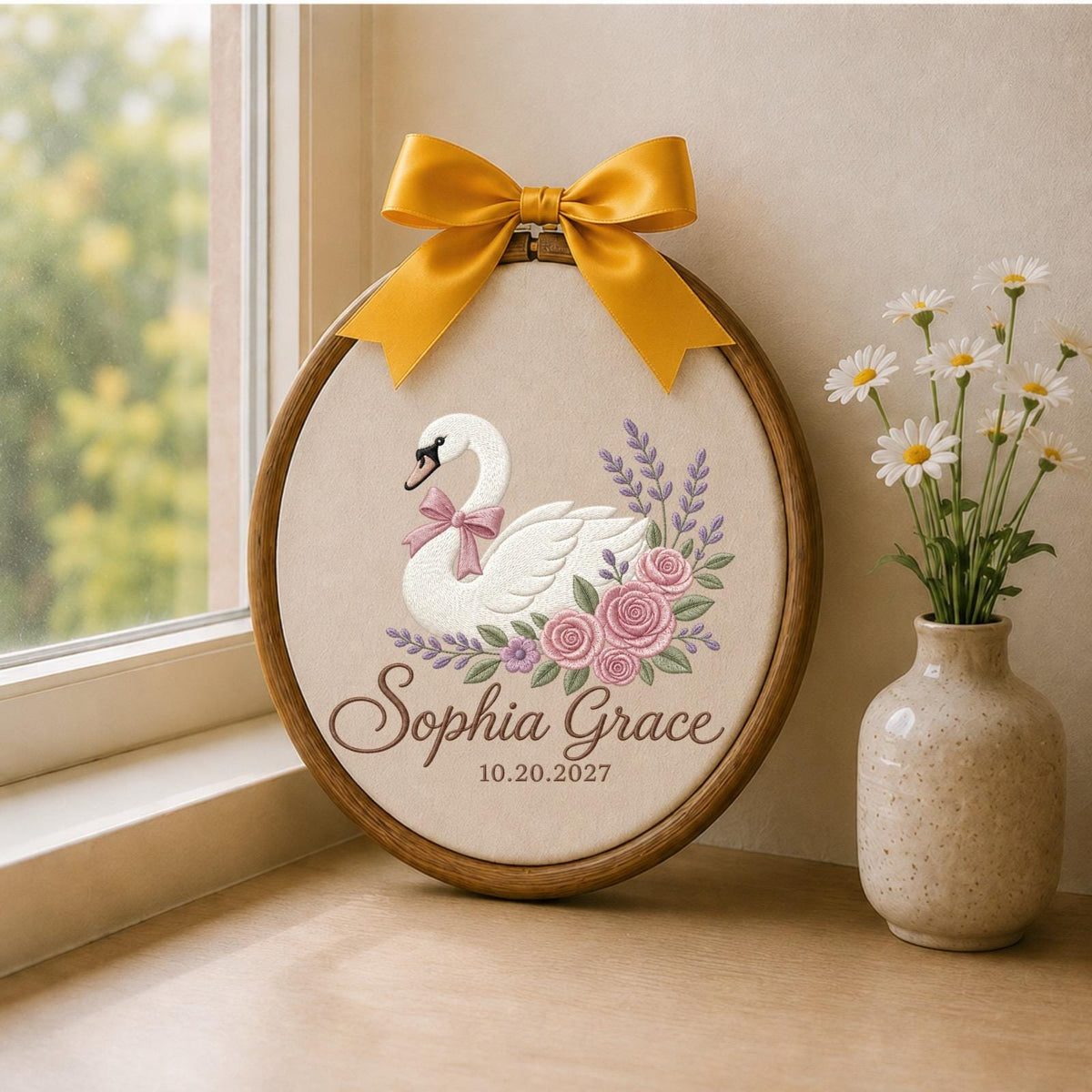Personalized Swan Baby Embroidered Ornament, Custom Baby Girl Name Hoop, Floral Swan Nursery Decor, Newborn Keepsake, Baby Shower Gift
