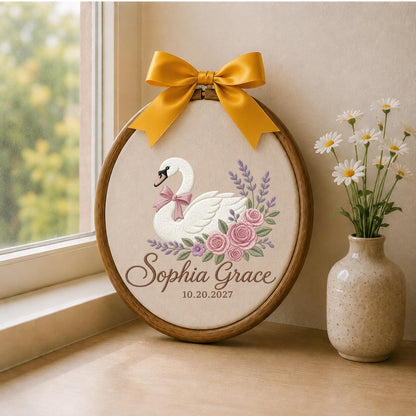 Personalized Swan Baby Embroidered Ornament, Custom Baby Girl Name Hoop, Floral Swan Nursery Decor, Newborn Keepsake, Baby Shower Gift