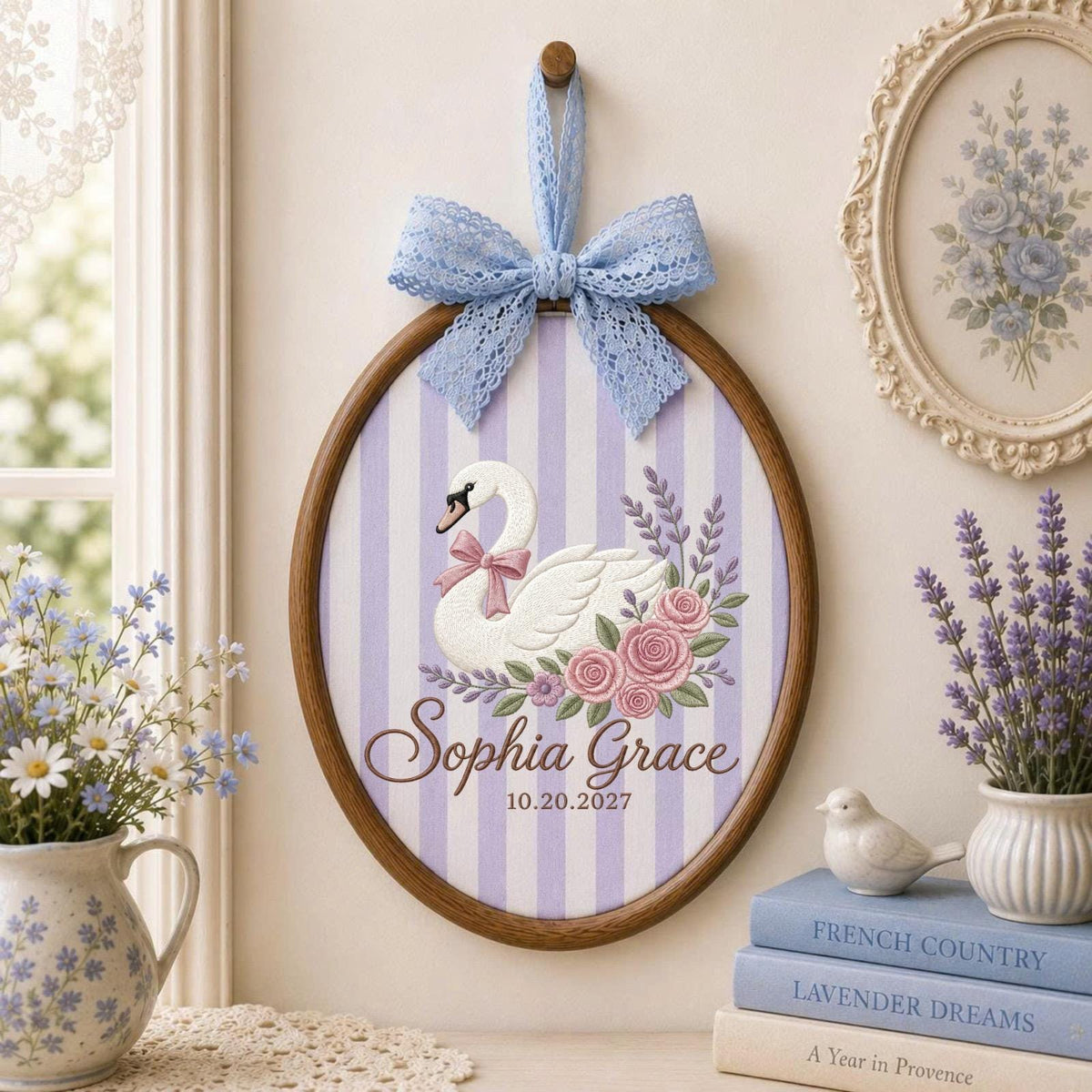 Personalized Swan Baby Embroidered Ornament, Custom Baby Girl Name Hoop, Floral Swan Nursery Decor, Newborn Keepsake, Baby Shower Gift