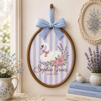 Personalized Swan Baby Embroidered Ornament, Custom Baby Girl Name Hoop, Floral Swan Nursery Decor, Newborn Keepsake, Baby Shower Gift