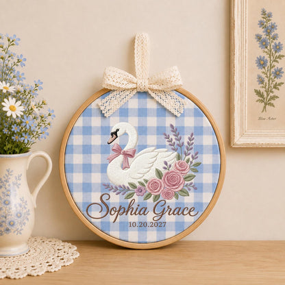 Personalized Swan Baby Embroidered Ornament, Custom Baby Girl Name Hoop, Floral Swan Nursery Decor, Newborn Keepsake, Baby Shower Gift