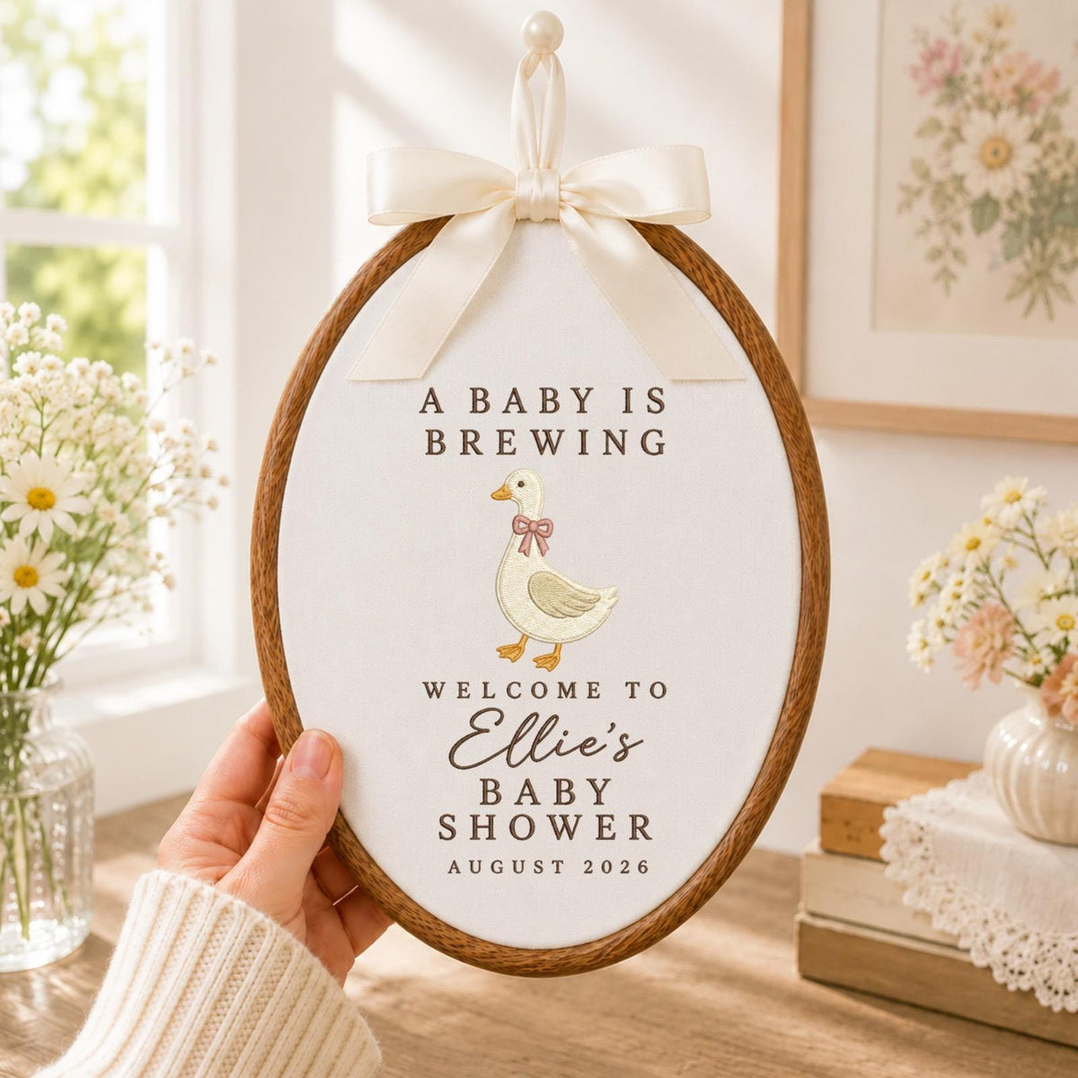 Personalized Baby Shower Embroidered Ornament, A Baby Is Brewing Duck Sign, Custom Baby Shower Decor, Baby Girl Welcome Keepsake