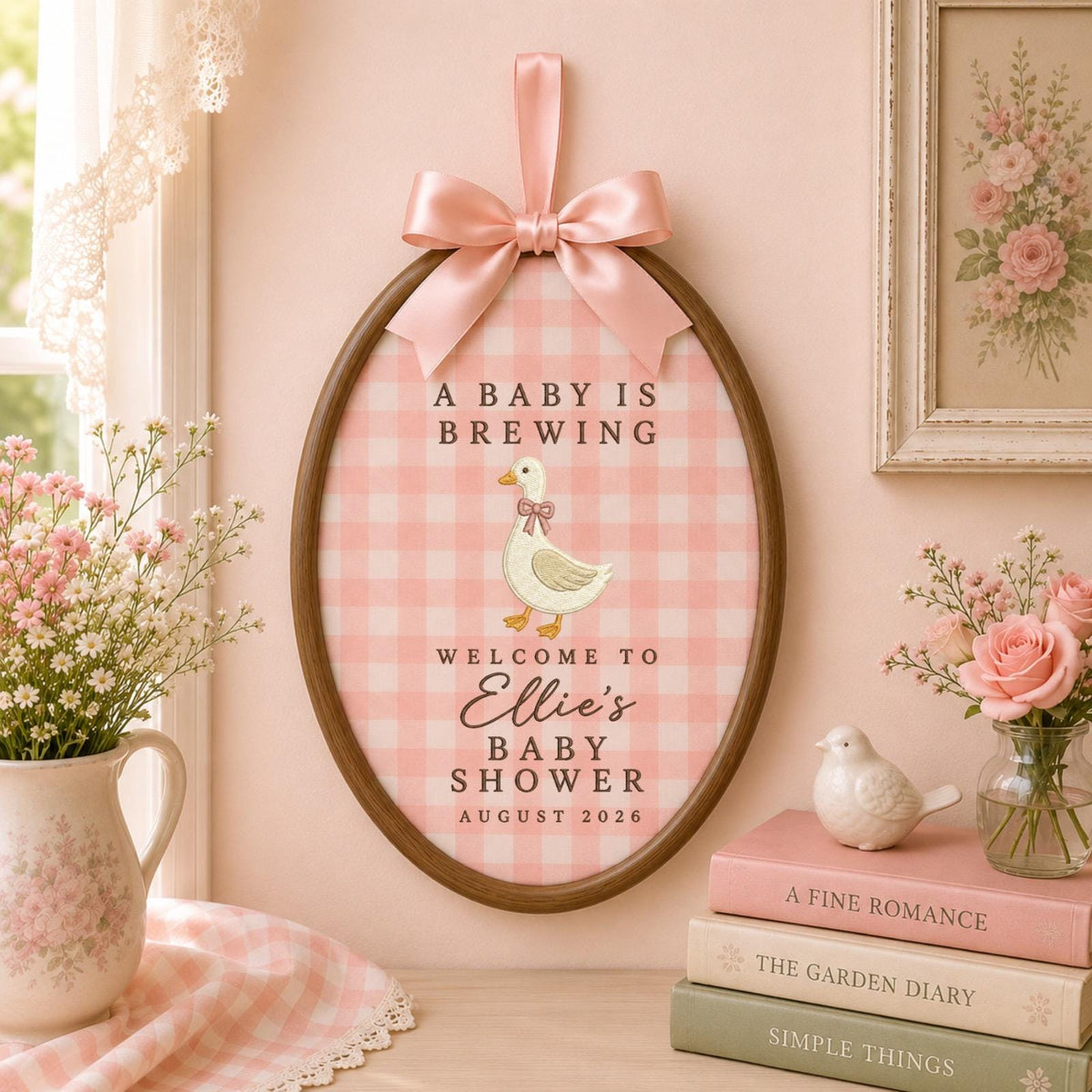 Personalized Baby Shower Embroidered Ornament, A Baby Is Brewing Duck Sign, Custom Baby Shower Decor, Baby Girl Welcome Keepsake