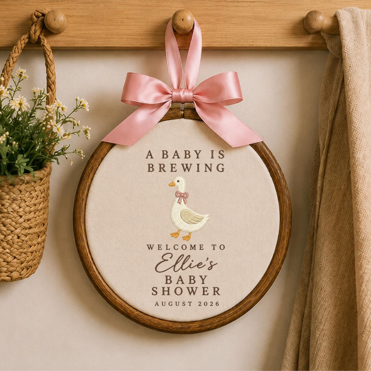 Personalized Baby Shower Embroidered Ornament, A Baby Is Brewing Duck Sign, Custom Baby Shower Decor, Baby Girl Welcome Keepsake