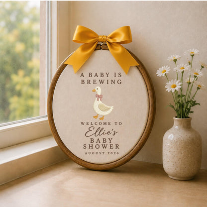 Personalized Baby Shower Embroidered Ornament, A Baby Is Brewing Duck Sign, Custom Baby Shower Decor, Baby Girl Welcome Keepsake