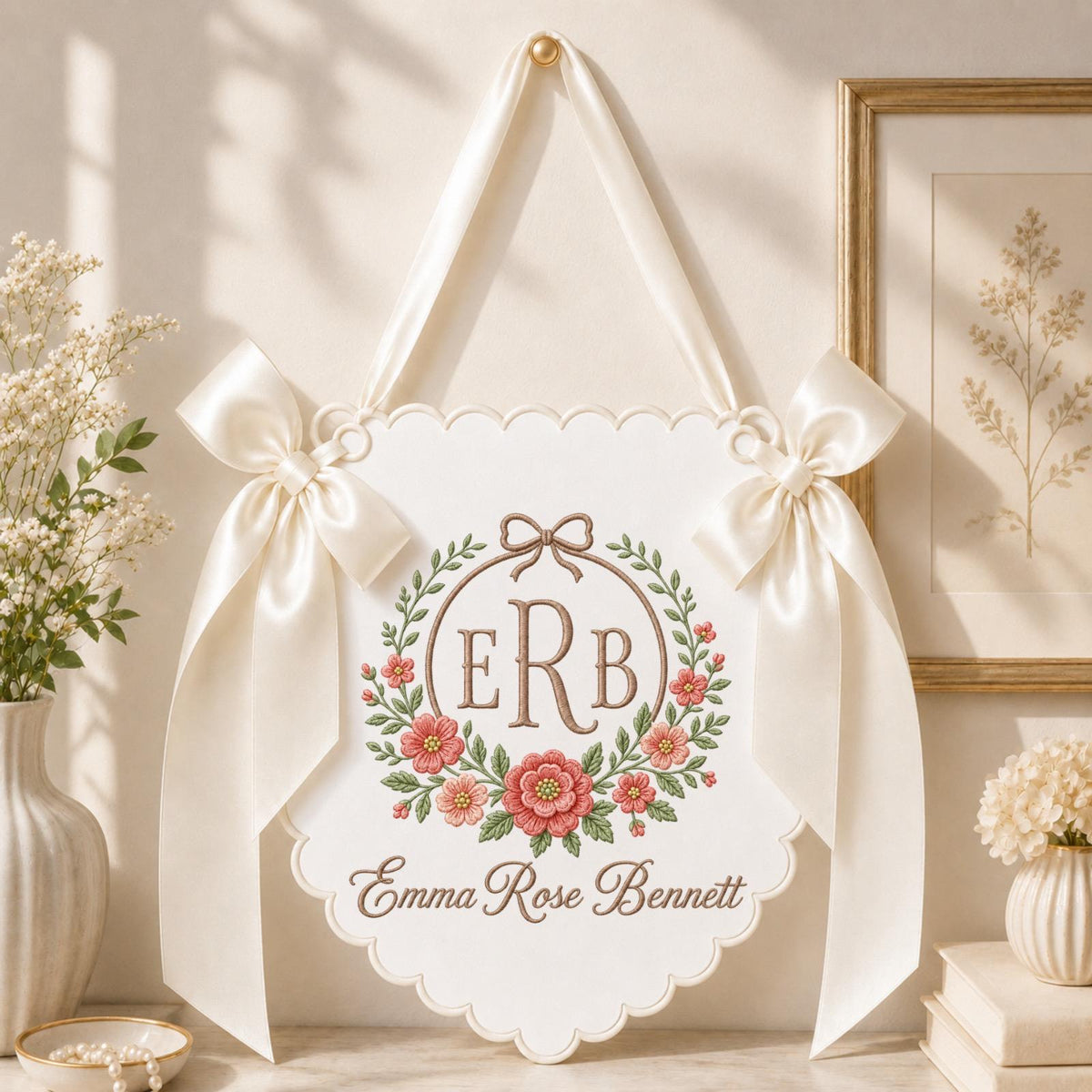 Personalized Floral Monogram Embroidered Baby Banner, Custom Baby Girl Name Sign, Pink Nursery Wall Decor, Newborn Baby Shower Gift