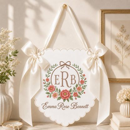Personalized Floral Monogram Embroidered Baby Banner, Custom Baby Girl Name Sign, Pink Nursery Wall Decor, Newborn Baby Shower Gift