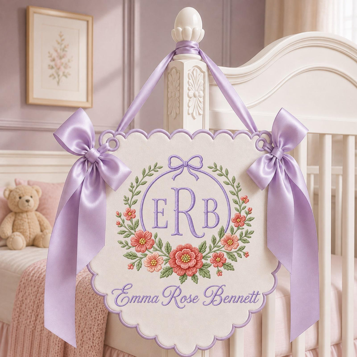 Personalized Floral Monogram Embroidered Baby Banner, Custom Baby Girl Name Sign, Pink Nursery Wall Decor, Newborn Baby Shower Gift