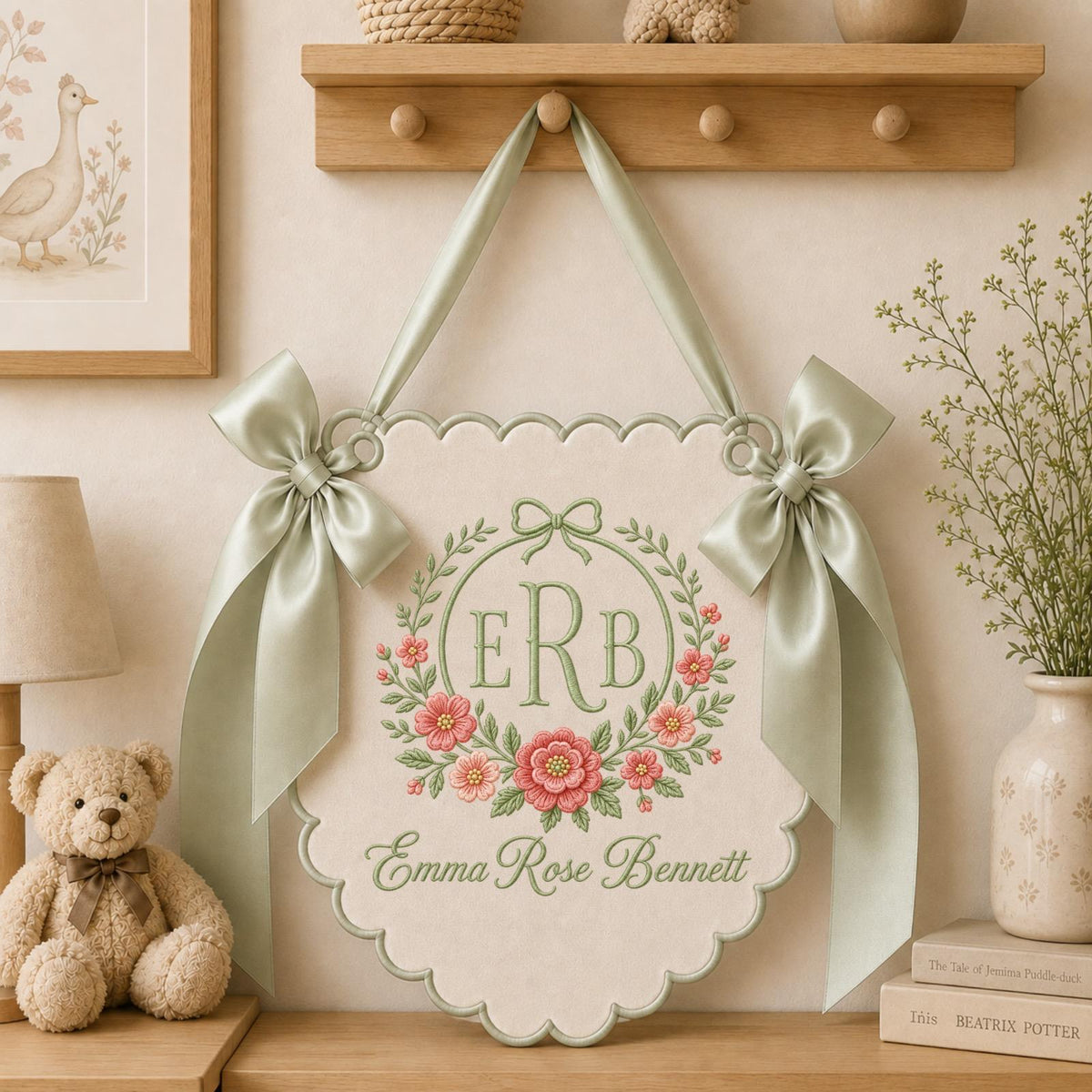 Personalized Floral Monogram Embroidered Baby Banner, Custom Baby Girl Name Sign, Pink Nursery Wall Decor, Newborn Baby Shower Gift
