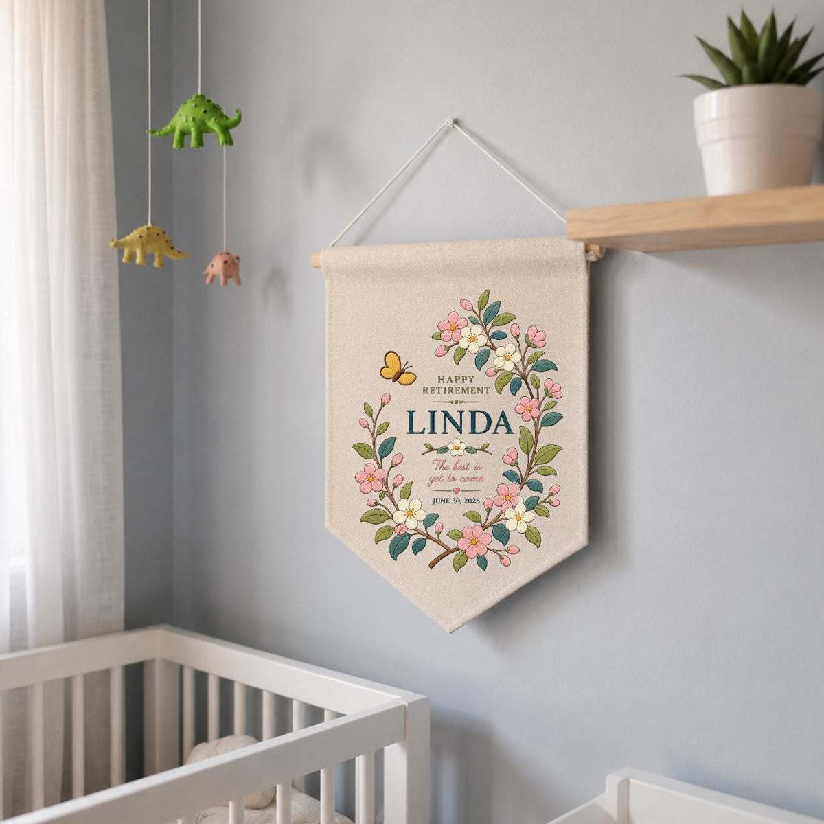 Personalized Retirement Canvas Pennant Banner, Custom Name Linda Floral Wreath Embroidered Happy Retirement Gift Wall Hanging Sign