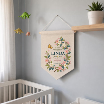 Personalized Retirement Canvas Pennant Banner, Custom Name Linda Floral Wreath Embroidered Happy Retirement Gift Wall Hanging Sign