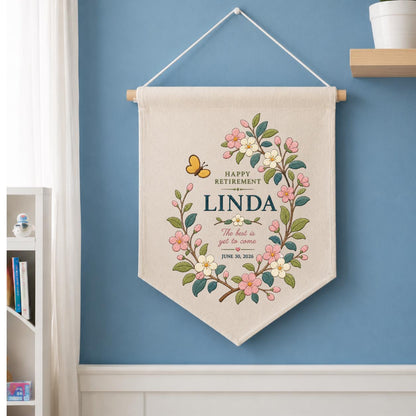 Personalized Retirement Canvas Pennant Banner, Custom Name Linda Floral Wreath Embroidered Happy Retirement Gift Wall Hanging Sign