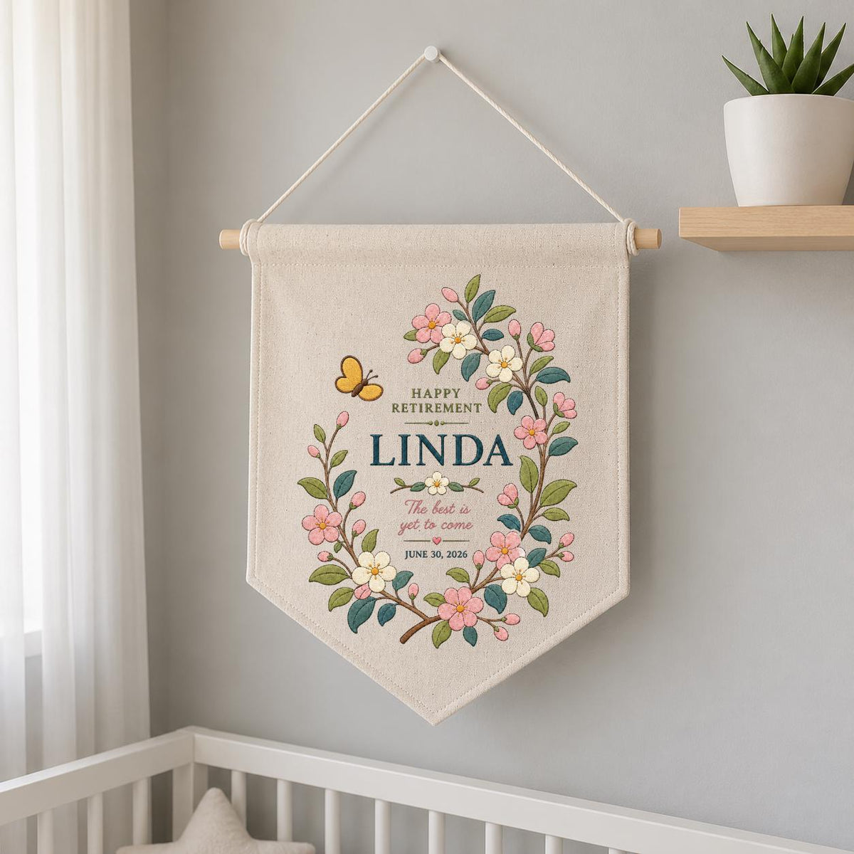 Personalized Retirement Canvas Pennant Banner, Custom Name Linda Floral Wreath Embroidered Happy Retirement Gift Wall Hanging Sign