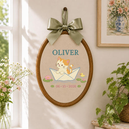 Personalized Kitten in Paper Boat Hoop Decor, Custom Embroidered Oliver Name Date Nursery Wall Hanging Sign, Cat Lover Keepsake Gift