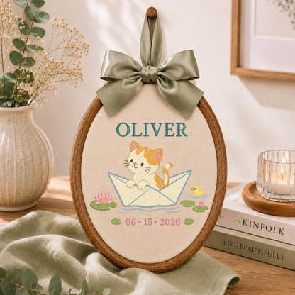 Personalized Kitten in Paper Boat Hoop Decor, Custom Embroidered Oliver Name Date Nursery Wall Hanging Sign, Cat Lover Keepsake Gift