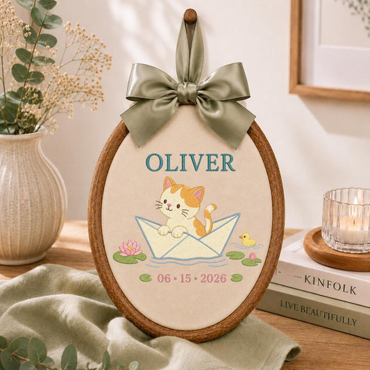 Personalized Kitten in Paper Boat Hoop Decor, Custom Embroidered Oliver Name Date Nursery Wall Hanging Sign, Cat Lover Keepsake Gift