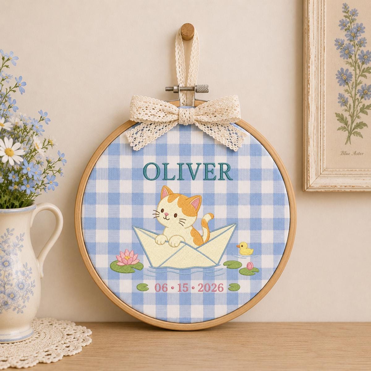 Personalized Kitten in Paper Boat Hoop Decor, Custom Embroidered Oliver Name Date Nursery Wall Hanging Sign, Cat Lover Keepsake Gift