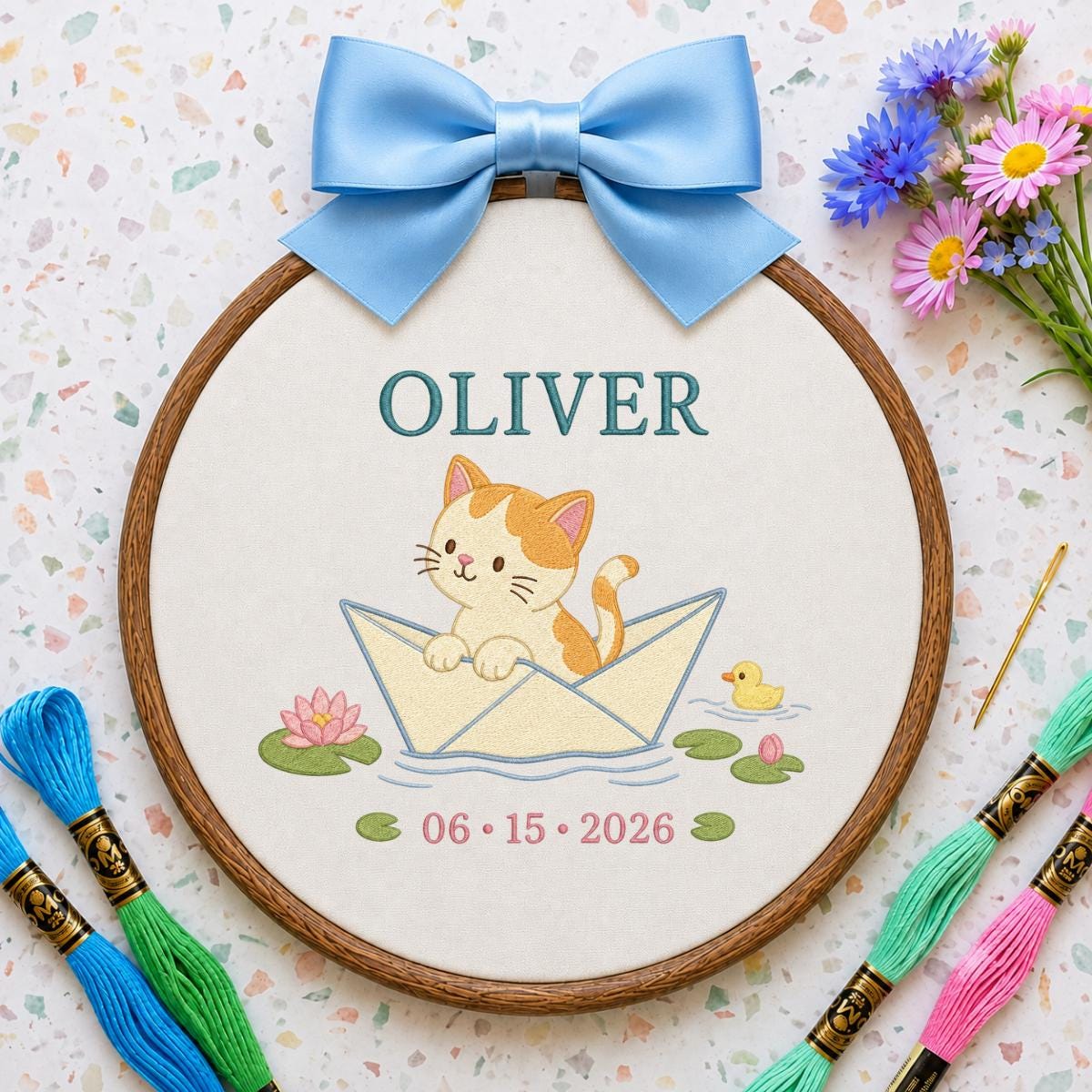 Personalized Kitten in Paper Boat Hoop Decor, Custom Embroidered Oliver Name Date Nursery Wall Hanging Sign, Cat Lover Keepsake Gift