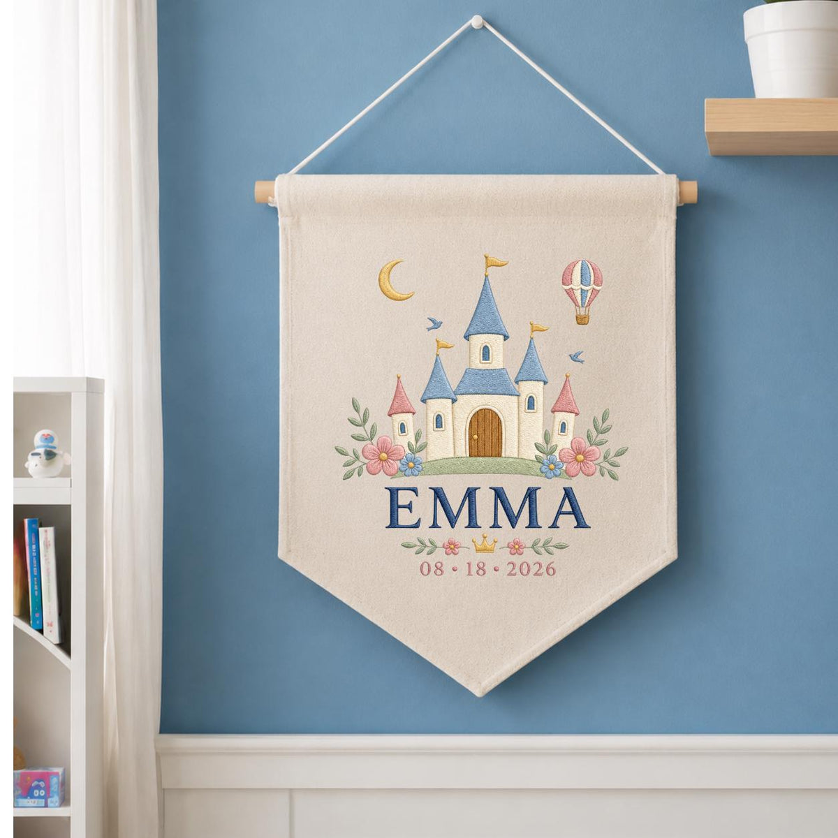 Personalized Princess Castle Canvas Pennant Banner, Custom Name Emma Fairytale Embroidered Hot Air Balloon Girl Nursery Wall Sign