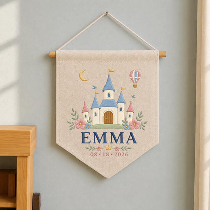 Personalized Princess Castle Canvas Pennant Banner, Custom Name Emma Fairytale Embroidered Hot Air Balloon Girl Nursery Wall Sign