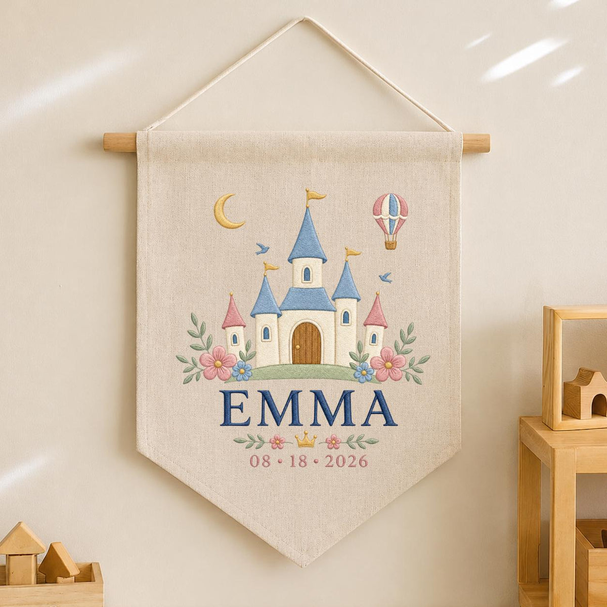 Personalized Princess Castle Canvas Pennant Banner, Custom Name Emma Fairytale Embroidered Hot Air Balloon Girl Nursery Wall Sign