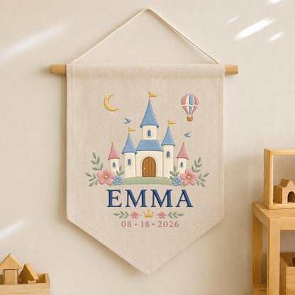 Personalized Princess Castle Canvas Pennant Banner, Custom Name Emma Fairytale Embroidered Hot Air Balloon Girl Nursery Wall Sign