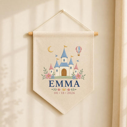 Personalized Princess Castle Canvas Pennant Banner, Custom Name Emma Fairytale Embroidered Hot Air Balloon Girl Nursery Wall Sign