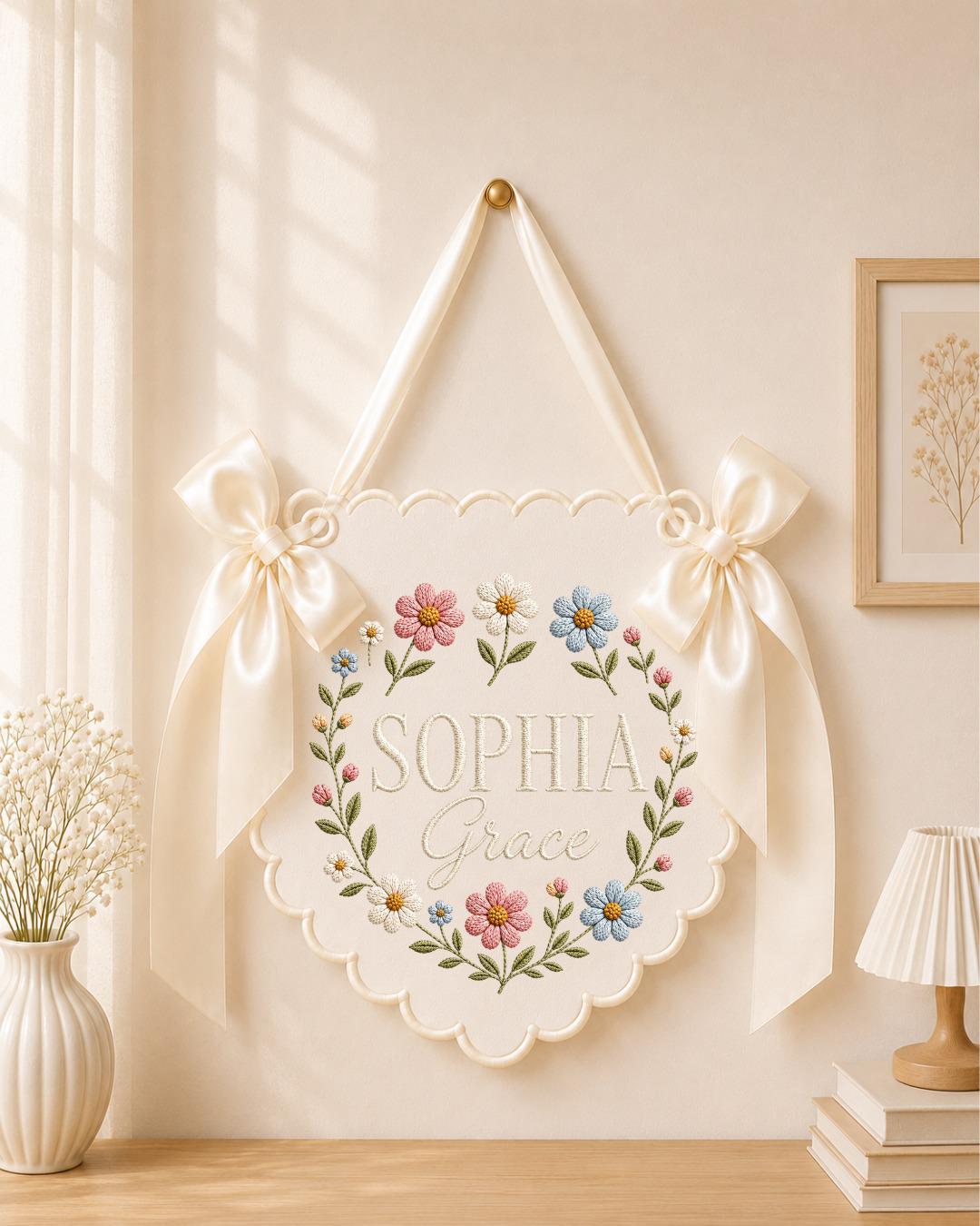 Personalized Embroidered Baby Name Banner, Wildflower Nursery Wall Decor, Custom Floral Name Sign, Baby Girl Nursery, Newborn Gift