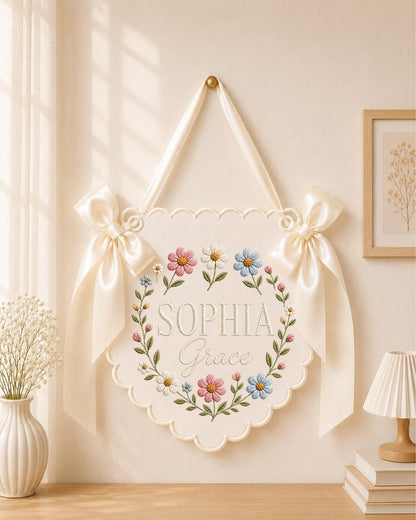 Personalized Embroidered Baby Name Banner, Wildflower Nursery Wall Decor, Custom Floral Name Sign, Baby Girl Nursery, Newborn Gift