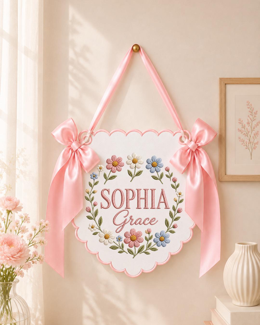 Personalized Embroidered Baby Name Banner, Wildflower Nursery Wall Decor, Custom Floral Name Sign, Baby Girl Nursery, Newborn Gift