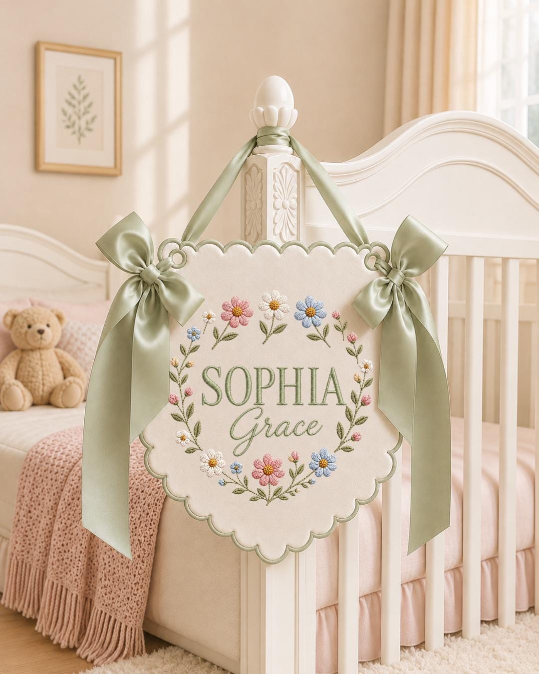 Personalized Embroidered Baby Name Banner, Wildflower Nursery Wall Decor, Custom Floral Name Sign, Baby Girl Nursery, Newborn Gift